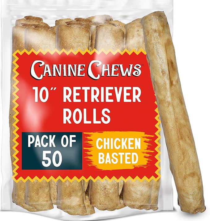 Canine Chews 10" Chicken Basted Dog Rawhide Retriever Rolls (50 Pack) - Natural Beef Dog Rawhide Chews - Healthy Dental Chews-Mewly Pet