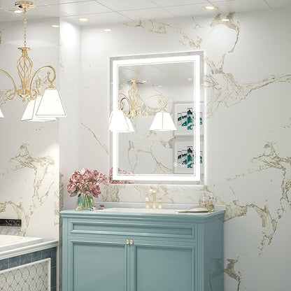 Keonjinn LED Bathroom Mirror with Lights, 28 x 36 Inch Front Lighted Vanity Mirror, HD Tempered Glass, UL-Listed LED Driver, Anti-Fog, 6000K Dimmale, Memory Function, Easy Installation