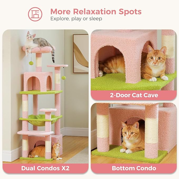 PAWZ Road Cat Tree, 53.5 Inches Tall Cat Tower with Spacious Hammocks, Condos and Scratching Posts, Cat House with Dual Padded Perches for Indoor Large Cats-Pink-Mewly Pet