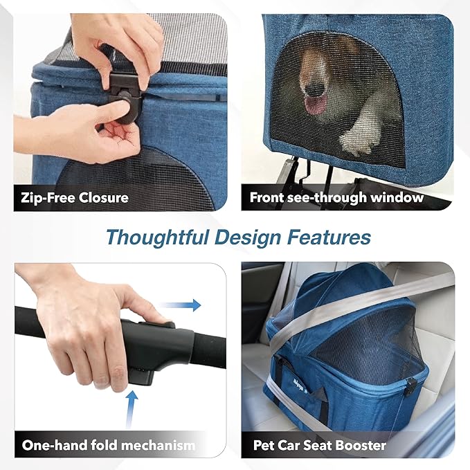 ibiyaya Essential – Travois Tri-Fold Pet Travel System for Medium Dogs, Cats, and More, 3 in 1 Dog Stroller with Detachable Carrier, XL Cabin (Nautical Blue)-Mewly Pet
