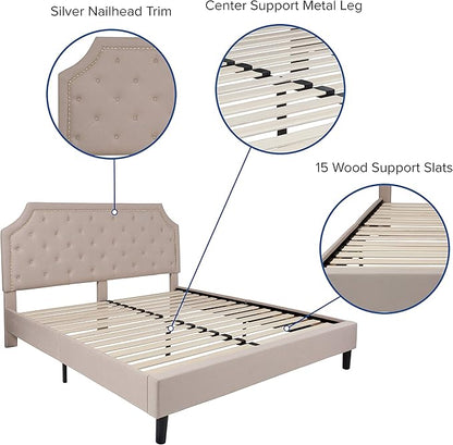Flash Furniture Brighton Fabric Arched Tufted Upholstered King Size Platform Bed, Modern Low-Profile King Bed Frame with Headboard, Beige