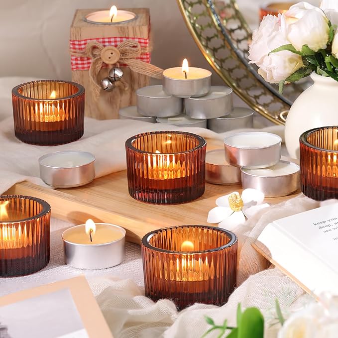 18 pcs Amber Tealight Candle Holders with 18PCS Tealights, Glass Votive Candle Holders Set for Table Centerpiece, Home Decor and Party Supplies
