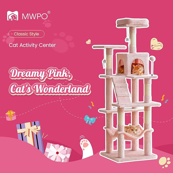 MWPO 63.8-Inch Pink Cat Tree for Indoor Cats, Multi-Level Cat Tower with Sisal-Covered Scratching Posts, Padded Platform, Hammock, Dangling Toys, Stable Cat Condo Pet Play House-Mewly Pet
