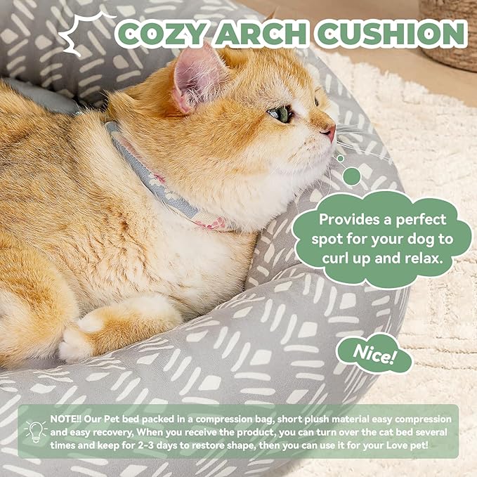 Cat Bed, 20In Dog Beds for Small Dogs, Calming Cat & Dog Beds for Indoor Pets, Pet Beds Comfortable Donut Round Ultra Soft (Grey Pattern, 20.0" L x 20.0" W x 6.5" Th)-Mewly Pet