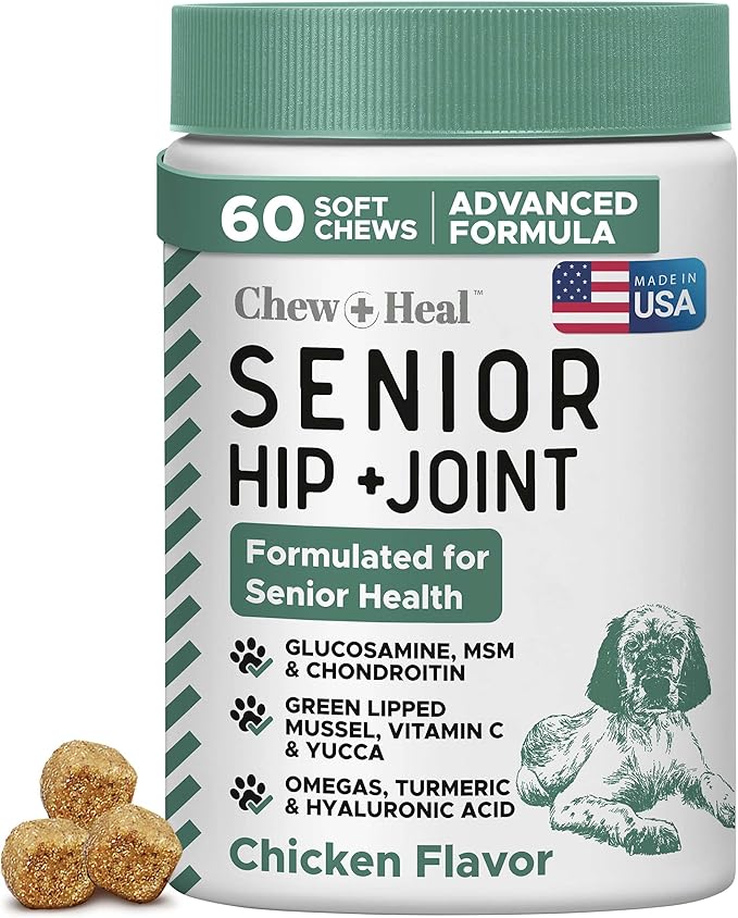 Glucosamine for Dogs Hip and Joint Supplement - 60 Senior Dogs Mobility Soft Chews - Made with Glucosamine, MSM, Chondroitin, Green Lipped Mussels and More - Made in The USA-Mewly Pet