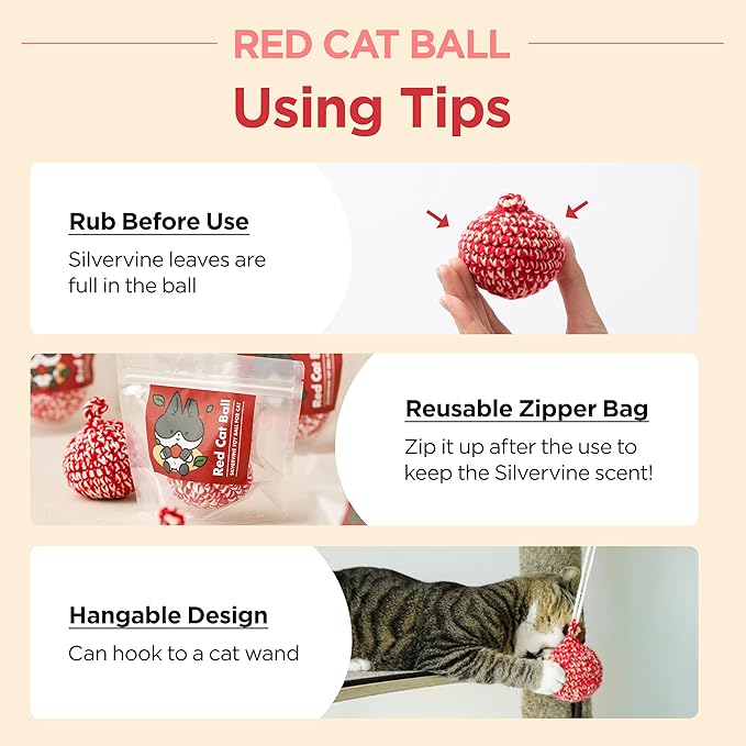 JAYU PET Red Cat Ball [W/O Bell Version] - Handmade Silvervine Cat Toy with Catnip, Interactive Matatabi Ball for Indoor Cats & Kittens, Feline Play Toy & Gift (2.7 inch)-Mewly Pet