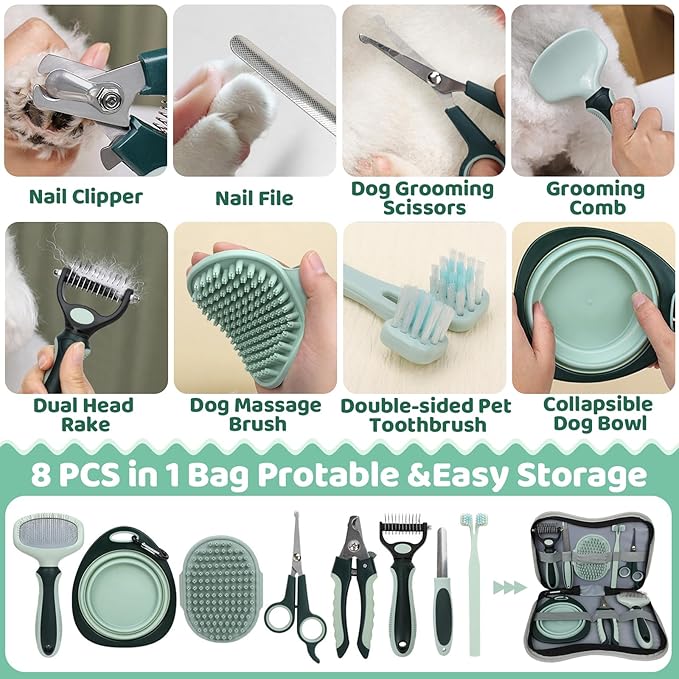 8-in-1 Pet Grooming Kit for Dogs & Cats - Includes Slicker Brush, Nail Clippers, Comb, Scissors, Toothbrush & Collapsible Bowl - Deshedding, Hair Trimming & Care Set, Travel Bag-Mewly Pet