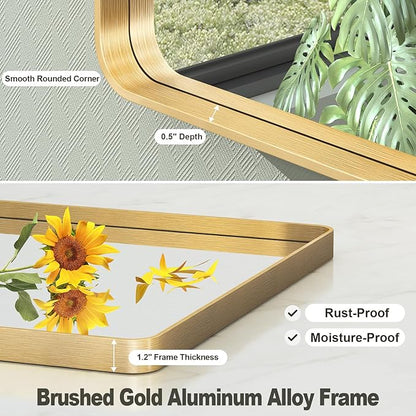 60x36 Inch Gold Framed Bathroom Mirror, Rectangle Brushed Gold Metal Vanity Mirror, Gold Rectangle Mirror for Wall, Rounded Corner, Tempered Glass, Anti-Rust, Shatterproof (Horizontal/Vertical)