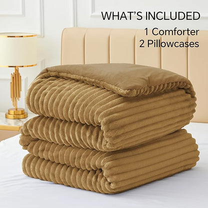 BEDELITE Fleece King Comforter Set -Super Soft & Warm Fluffy Brown Bedding, Luxury Fuzzy Heavy Bed Set for Winter with 2 Pillow Cases