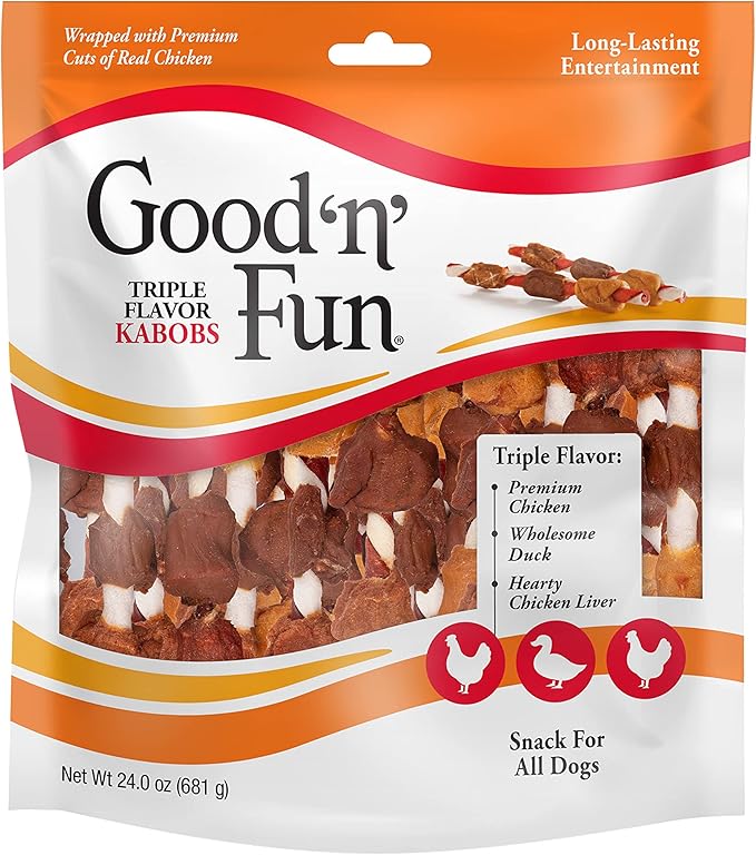 Good ‘n’ Fun Triple Flavor Kabobs Chews for All Dogs, 24 Ounces, Treat Your Dog to Chews Made from Beef Hide, Real Chicken, Pork Hide, Duck and Chicken Liver-Mewly Pet
