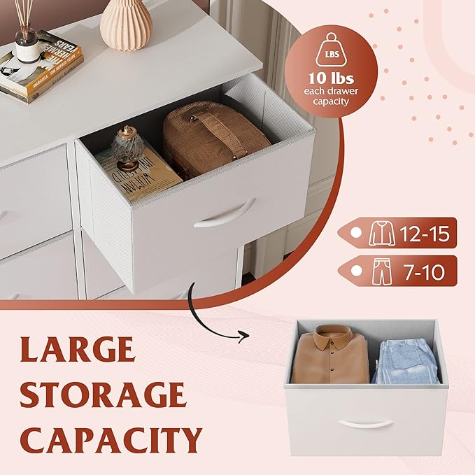 WLIVE Fabric Dresser for Bedroom with 10 Drawers, Tall Chest of Drawers, White Dressers Bedroom Furniture, Storage Organizer Unit with Bins for Closet, Hallway, Living Room, Entryway