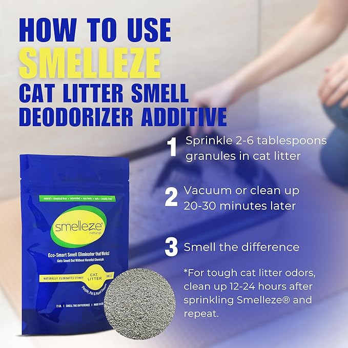 SMELLEZE Natural Cat Litter Deodorizer and Litter Box Odor Eliminator Additive for Strong Smells Unscented Kitty Litter Smell Control Safe Long-Lasting Granules for Multi Cat Homes 2 lb-Mewly Pet