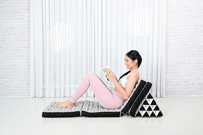 Leewadee Comfortable Japanese Floor Mattress - Thai Floor Bed with Triangle Cushion - Futon Mattress - XL Extra Long Thai Massage Mat, 89 x 20 inches, Black White, Kapok Filling