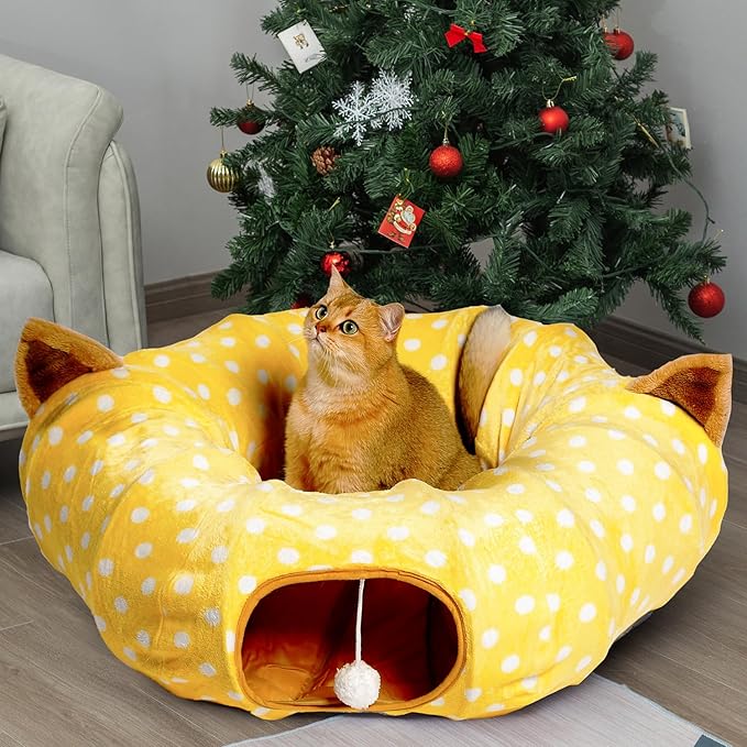 AUOON Cute Cat Donut Tunnel - Round Cat Tunnel Bed with Washable Cushion Interactive Cat Toy for Indoor Cats Kitten Kitty Puppy Rabbit Ferret (Yellow)-Mewly Pet