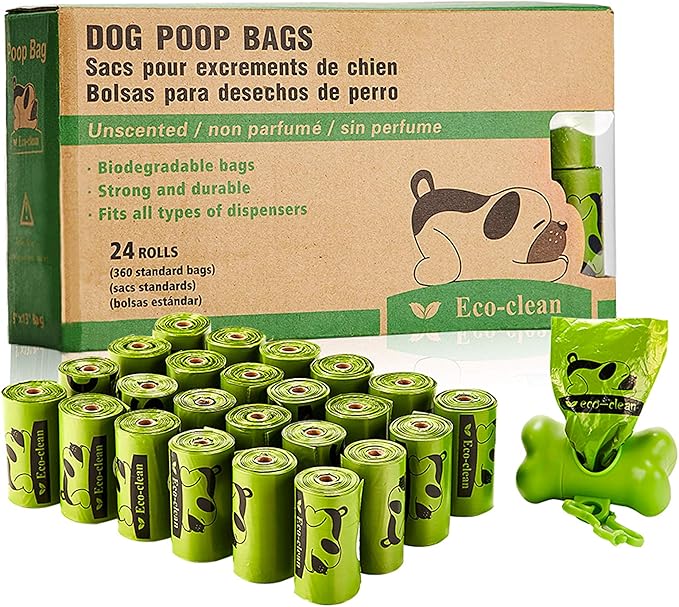 ECO-CLEAN Dog Poop Bags, 24 Rolls/360 Bags with Dispenser, Dog Waste Bags, Unscented, Leak-Proof, Easy Tear-Off-Mewly Pet