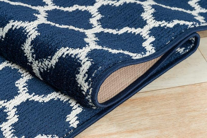 Custom Size Cut to Length Moroccan Trellis Design Runner Rug Mat For Wide Long Hallways with Non-Slip Rubber Backing, Better Traction for Pets, Prevent Slippage, Trellis Navy Blue, 31 inch X 25 feet