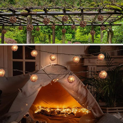 Rattan Christmas String Lights, 10 Mini Natural Globe Rattan Balls, Wicker Lights for Patio, Wedding, Garden, Party, Home Decor, Indoor Outdoor Use, 7.92Ft (Brown Cord)