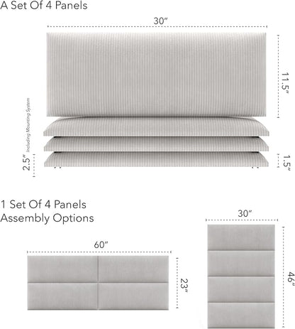 Vänt Upholstered Wall Panels - Queen/Full Size Wall Mounted Headboards - Ribbed Stone - Set of 4 Panels (Each Individual Panel 30"x11.5")