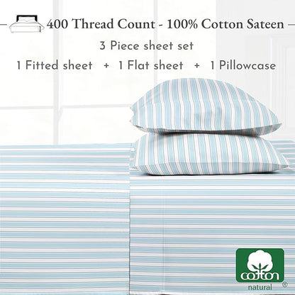California Design Den Deep Pocket Twin Sheets Set - 400 Thread Count Sateen, Natural 100% Cotton Sheets, Cooling and Durable Bedding Set - Cape Stripe