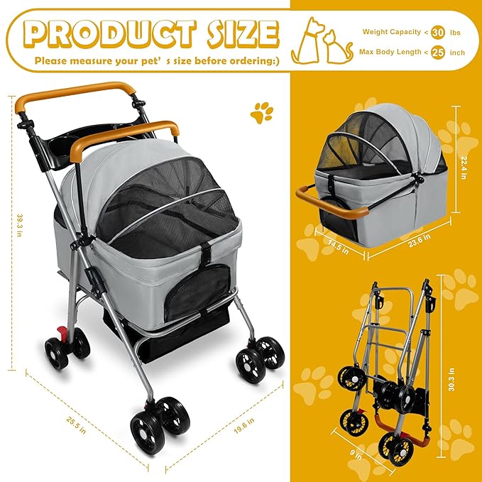 Pet Stroller with Storage Basket and Cup Holder, Folding Dog Jogger, Foldable Cat Stroller, 3 in 1 Puppy Kitten Cart, Pet Jogger for Medium Dog Cat (Gray)-Mewly Pet