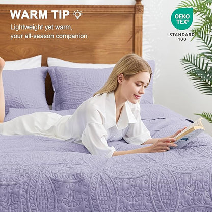 Love's cabin Quilts for Full Bed Lavender Bedspreads Bedding Set - Lightweight Bedspread Comforter - Coin Pattern Bedding Coverlet for All Season - 3 Pieces (1 Quilt, 2 Pillow Shams)