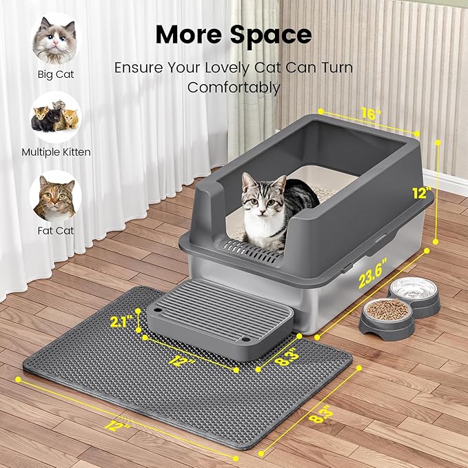 Stainless Steel Cat Litter Box - Enclosed XL Metal Kitty Litter Box with Lid for Big Cats, High Sided, Anti-Leakage, Easy Cleaning, Non-Sticky, Included Litter Mat, Cat Bowl & Spoon-Mewly Pet