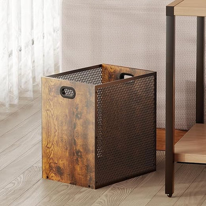 Retro Office Trash Can, Iron and Wood Combination Bedroom Garbage Can, Rectangular Design Wastebasket with Handle, Industrial Style Trash Can for Home Office, 4.5 Gallon (Patent Pending)