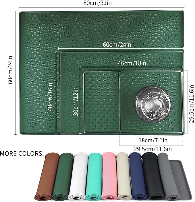 Ptlom Pet Placemat for Dog and Cat, Waterproof Silicone Pet Feeding Bowl Mats for Food and Water, Small Medium Large Dogs Mat Prevent Residues from Spilling to Floor, Hunter Green, 31.5" 23.6"-Mewly Pet