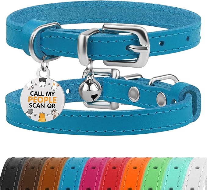 BRONZEDOG Leather Cat Collar with Removable Bells Non Breakaway Kitten QR Tag for Girl Boy (7" - 9" for Cats, Blue & Silver)-Mewly Pet
