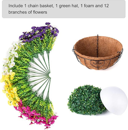 Artificial Faux Hanging Flowers Plants Baskets for Outdoors, Fake Silk Morning Glory in Planter UV Resistant Realistic Artificial Flower for Outside Porch Patio Balcony Garden Yard Home Decor