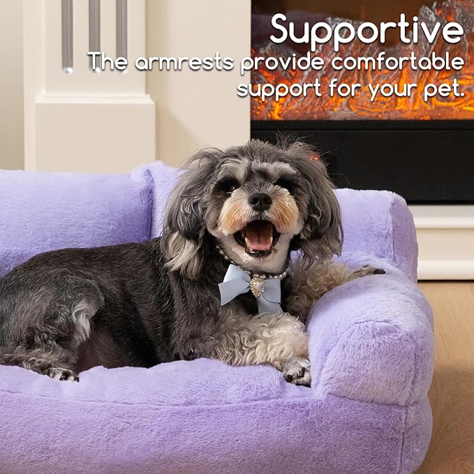 Hollypet Fluffy Plush Pet Cat Couch Sofa Soft Calming Pet Dog Sofa Beds for Medium Small Cats and Dogs, Light Purple-Mewly Pet