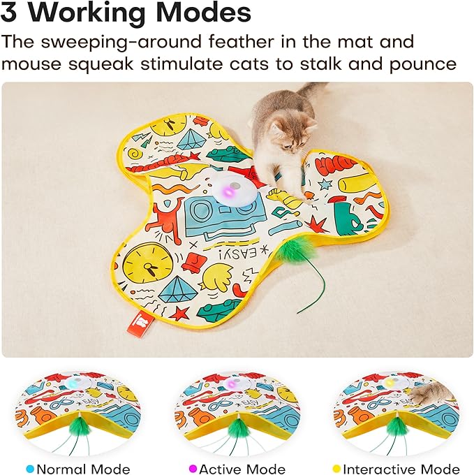 Potaroma Interactive Cat Feather Toys, Hide and Seek Concealed Moving Feather Wand, Rechargeable Touch Activated Indoor Kitten Exercise Kicker, Mouse Squeaky, Graffiti Cover-Mewly Pet