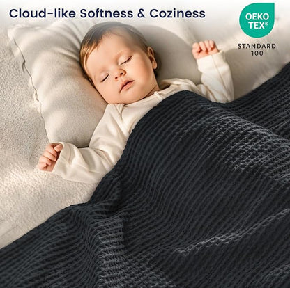 PHF 100% Cotton Waffle Weave Blanket California King Size 120"x 120" - Washed Soft Lightweight Breathable - 10'x10' Oversize Huge Extra Large for Couch Bed Sofa,Aesthetic Room Decor Gift - Black