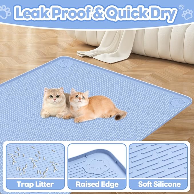 Cat Litter Mat, Extra Large 40" x 28" Silicone Mat Litter Trapping Mat for Scatter Control, Soft on Kitty Paws, Easy to Clean (Blue)-Mewly Pet