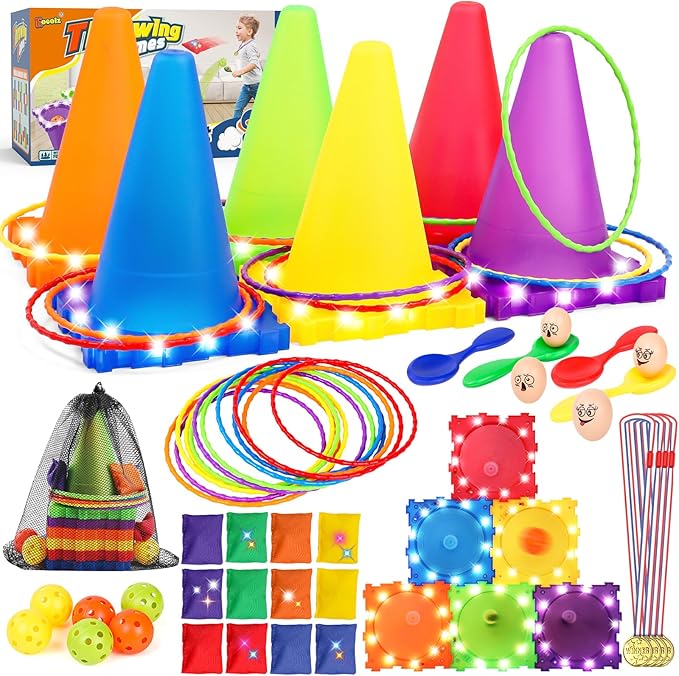 Eocolz 49PCS Carnival Games Outdoor Combo Set for Kids with LED Light, Plastic Cones Obstacle Course Bean Bags Balls Ring Toss Game Egg and Spoon Race Lawn Game, Gift for Birthday Party/Xmas/Easter-Mewly Pet