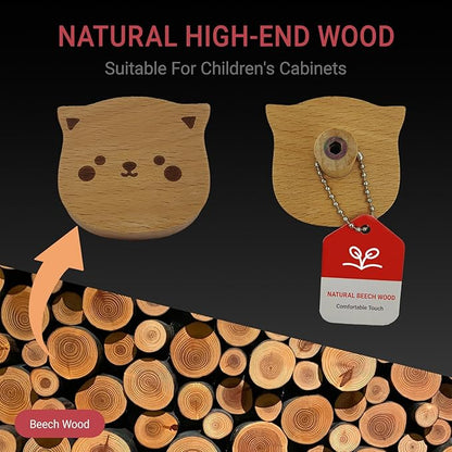 4PCS Wooden Cat Shaped Cabinet Knobs, Cabinet Handles, Single Hole Beech Wood Handles, Wood Hooks with Full Set of Screw Accessories