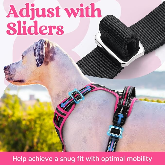 rabbitgoo Dog Harness for Large Dogs, No Pull Pet Vest with 3 Buckles, Adjustable Soft Padded Pet Harness with Easy Control Handle and Reflective Strips, Black & Rose Pink, XL-Mewly Pet