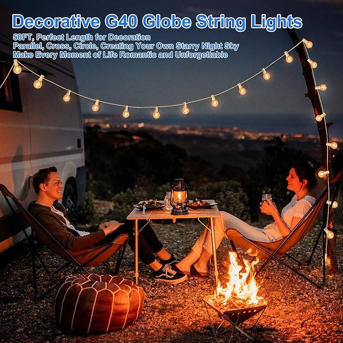 Bosceos Outdoor G40 LED Globe String Lights 50FT Dimmable Shatterproof Waterproof Patio Lights with 25+2 Bulbs Connectable Commercial Hanging Light for Patio Balcony Backyard Party (White Wire)