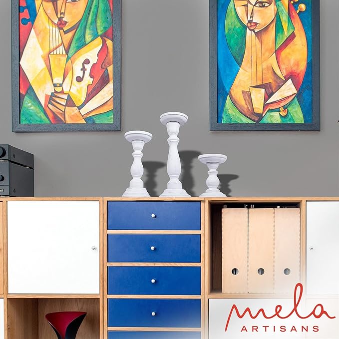 Mela Artisans Wooden Pillar Candle Holders | Tuli Design | Set of 3 Mango Wood Candlesticks | Matte White | Sizes 6" & 9" & 12" | Table Decor | Centerpiece | Mantel | Wedding | Living Room Decor