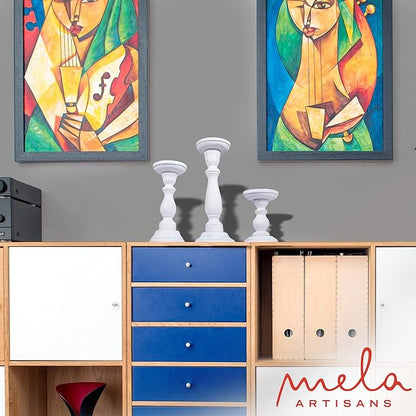 Mela Artisans Wooden Pillar Candle Holders | Tuli Design | Set of 3 Mango Wood Candlesticks | Matte White | Sizes 6" & 9" & 12" | Table Decor | Centerpiece | Mantel | Wedding | Living Room Decor