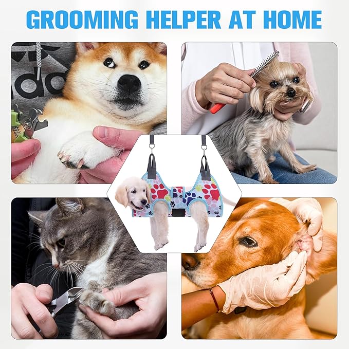 PAWCHIE Dog Grooming Hammock Harness for Dogs & Cats with Pet Nail Clipper Trimmer - Cat Hanger Sling for Trimming Clipping Nails- Dog Hammock Restraint Bag for Small Medium Large Dog, Blue S-Mewly Pet