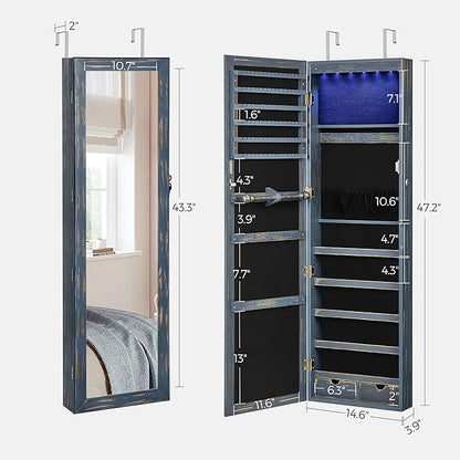 SONGMICS 6 LEDs Mirror Jewelry Cabinet, 47.2-Inch Tall Lockable Wall or Door Mounted Jewelry Armoire Organizer with Mirror, 2 Drawers, Christmas Gift, 3.9 x 14.6 x 47.2 Inches, Rustic Blue