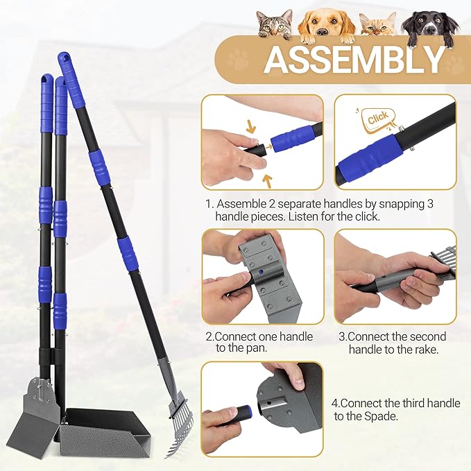 Heeyoo Dog Pooper Scooper, Dog Poop Tray and Rake Set, Pet Waste Removal Scoop with Long Adjustable Sectional Stainless Handles-Mewly Pet