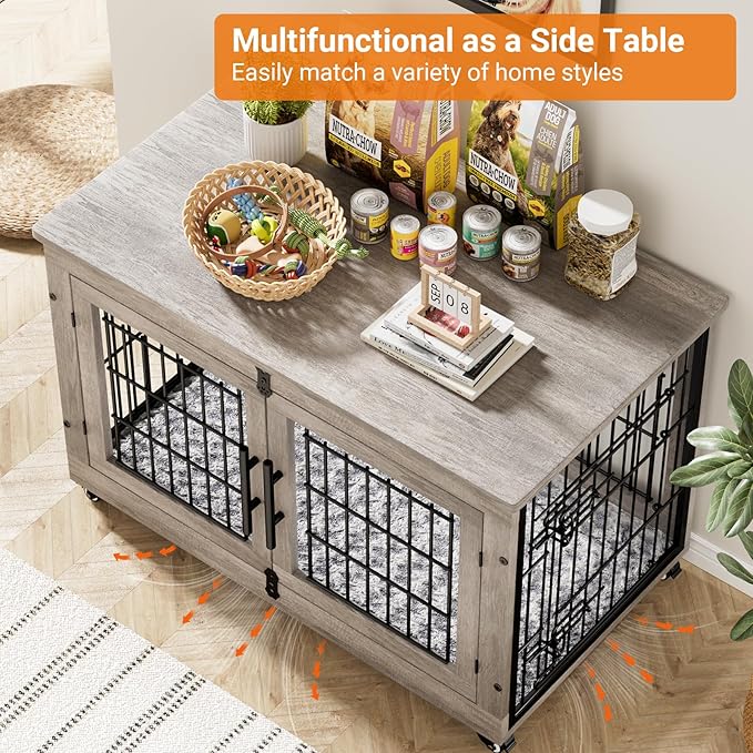 Lulive Dog Crate Furniture Set of 2, Dog Kennel Indoor Double Doors Wooden Dog Cage, 38'' Heavy Duty Dog Crate with Cushion & Wheels, End Table Pet House Chew-Resistant Up to 70 lb, Grey-Mewly Pet