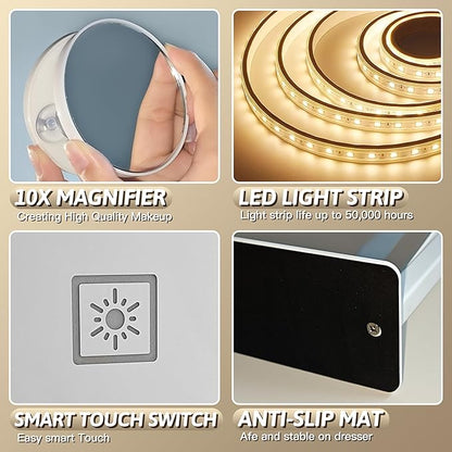 FENNIO Vanity Mirror with Lights, 12" x 16" Lighted Makeup Mirror with Smart Touch Control, 3 Color Modes & Brightness Adjustable, LED Makeup Mirror with 10X Magnification, 360° Rotation （Gold