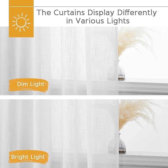 RYB HOME White Sheer Curtains for Living Room - Privacy Linen Fabric Semitransparent Farmhouse Country Curtains Light & Airy for Patio Door Bedroom Bay Window, W 52 x L 90 inch, 2 Panels