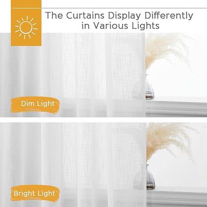 RYB HOME White Curtains 84 inches Long Linen Textured Semi Sheer Curtains Privacy Light Glare Filtering Window Drapes for Living Room Dining Bedroom, White, W 34 x L 84 inches, 2 Panels