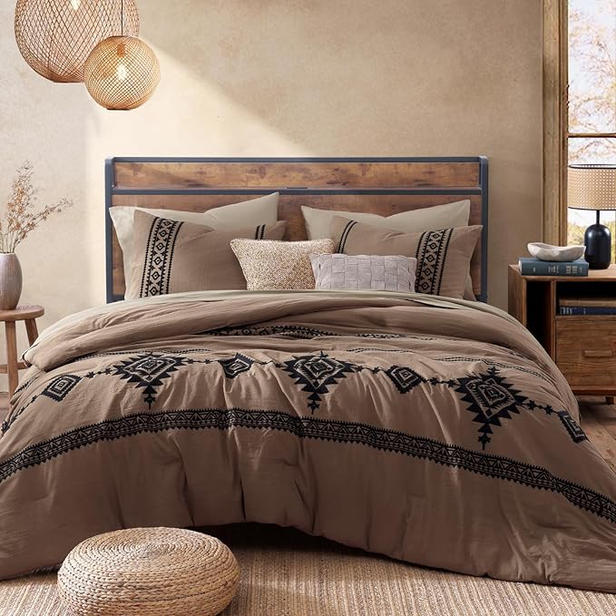 MaiRêve Embroidery Queen Size Comforter Set Brown, Boho Farmhouse Western Bedding Set 7 Pieces, All Season Bed in A Bag Comforter Set with Sheets, Pillowcases & Shams