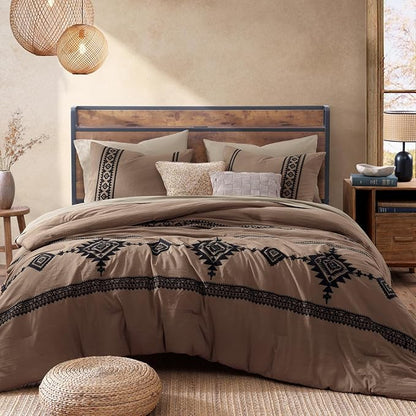 MaiRêve Embroidery Queen Size Comforter Set Brown, Boho Farmhouse Western Bedding Set 7 Pieces, All Season Bed in A Bag Comforter Set with Sheets, Pillowcases & Shams
