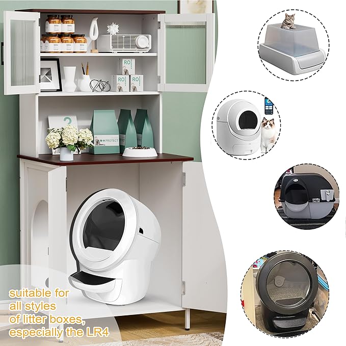 PAKASEPT Cat Litter Box Enclosure Furniture for Self-Cleaning Cat Litter Box with Shelves and Doors-Mewly Pet